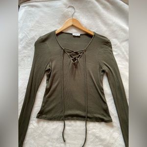 Green Lace Up Long Sleeve Top